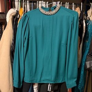 Elegant Teal Women's Top with Embellished Collar